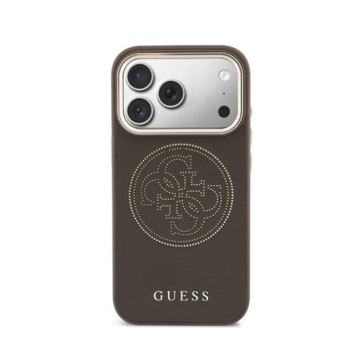 Guess Hülle Lederoptik mit perforiertem Logo Braun MagSafe kompatibel iPhone 17 Pro Max