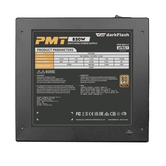 Fuente de Alimentación darkFlash PMT850 850W Certificación 80+ Gold modular ATX PCIe 5.1