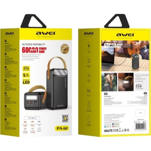 Powerbank Awei PA-82 60000 mAh 65W USB-C Power Delivery con torcia