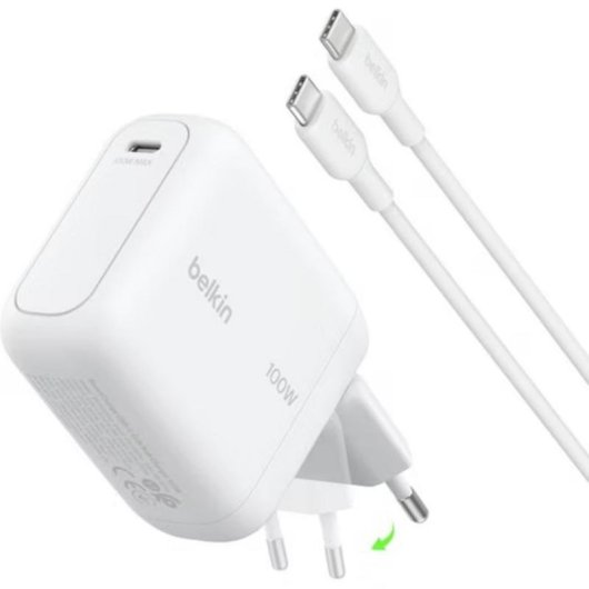 Cargador USB Belkin WCH025KQ1.5WHB6 GaN 100W USB-C con cable 1,5 m blanco