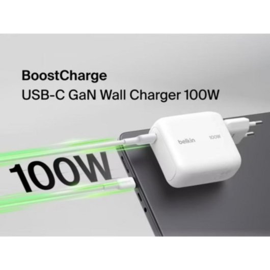 Cargador USB Belkin WCH025KQ1.5WHB6 GaN 100W USB-C con cable 1,5 m blanco
