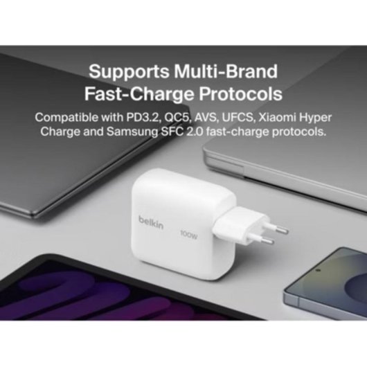 Cargador USB Belkin WCH025KQ1.5WHB6 GaN 100W USB-C con cable 1,5 m blanco