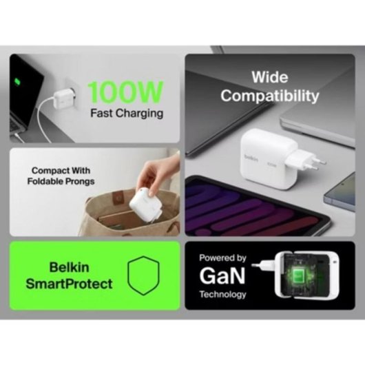 Cargador USB Belkin WCH025KQ1.5WHB6 GaN 100W USB-C con cable 1,5 m blanco