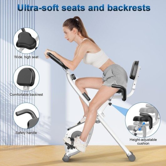 Bicicleta estática HomeFitnessCode plegable con respaldo, 8 niveles y pantalla LCD