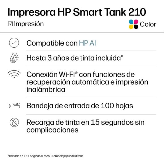 Impresora de tinta Wifi HP Smart Tank 210 + 3 Años de Tinta Incluida