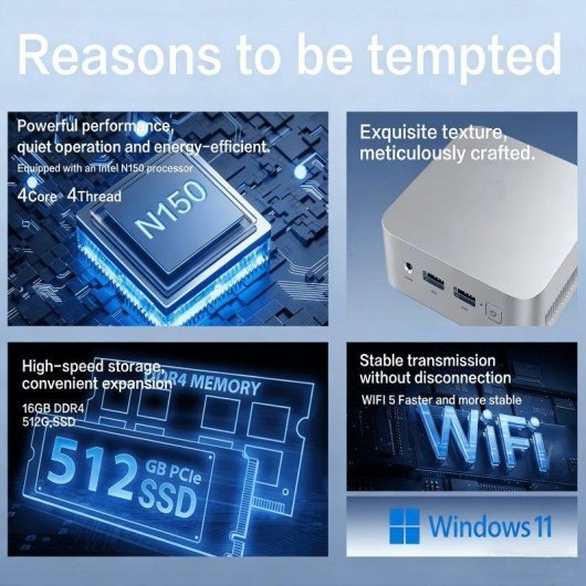Mini PC Blossom N150 Intel Core N150 16GB 512GB SSD UHD 4K Windows 11 Blanc