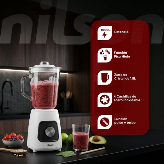 Batidora Nutricional Nilson Life Blanca 1.5L 1000W Turbo Cuchillas Inox