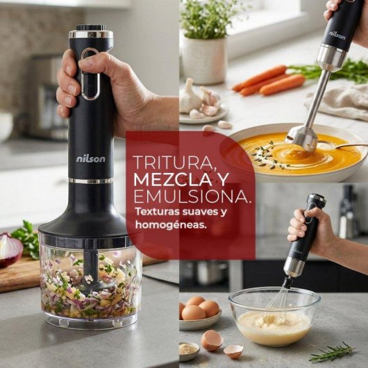 Batidora de mano Nilson Life 1000W con picadora, varilla montadora y vaso medidor