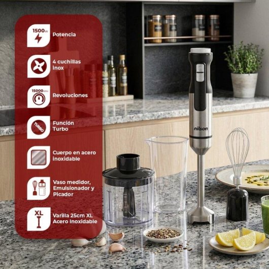 Batidora de mano Nilson Life 1500W turbo cuchillas inox vaso medidor 700 ml