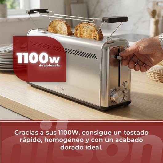 Tostadora Nilson Life Inox Ranura Larga con Calientabollos 7 Niveles