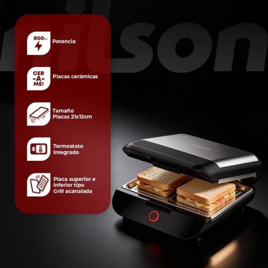 Sandwichera Eléctrica Nilson Life 2 Rebanadas 800W Placas Desmontables Cerámicas