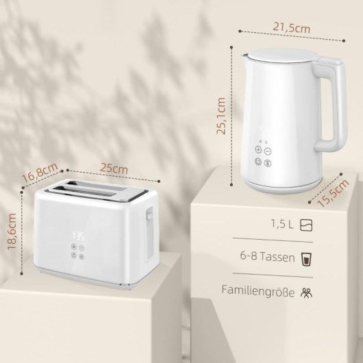 Set Welltin Wasserkocher 2200W + Toaster 7 Stufen Weiß