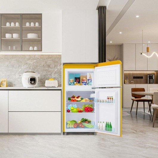 Frigorífico Mini Welltin Dos Puertas Retro Regulación Manual 91cm 72L E Amarillo