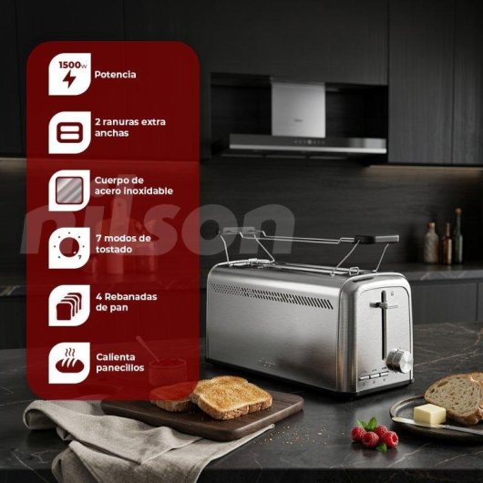 Tostadora Nilson Life Acero Inoxidable 2 Ranuras 1500W Calientabollos 7 Niveles
