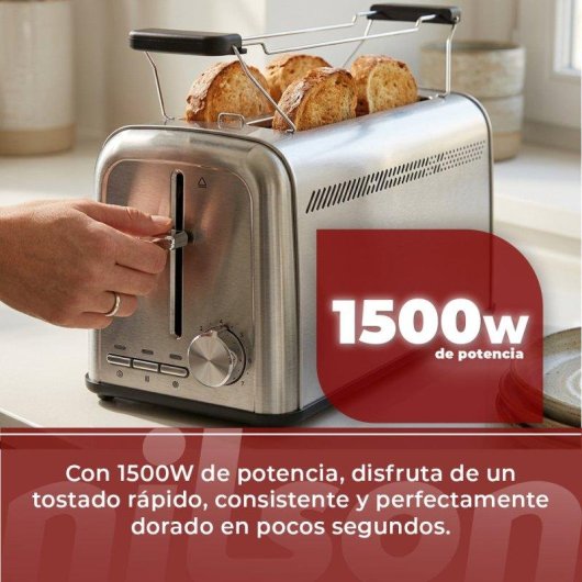 Tostadora Nilson Life Acero Inoxidable 2 Ranuras 1500W Calientabollos 7 Niveles