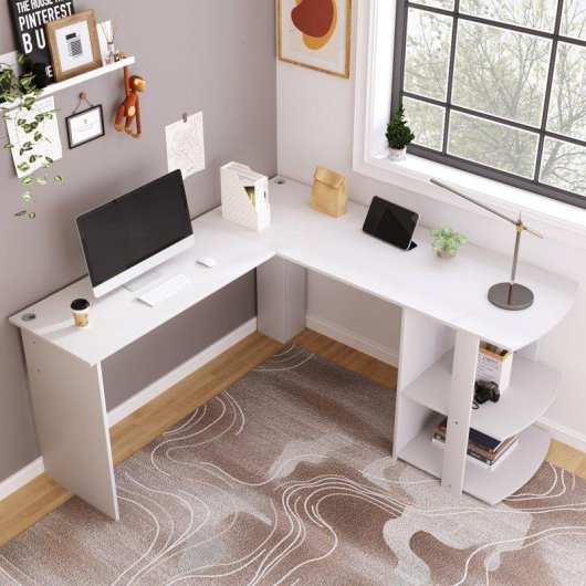 Scrivania angolare bianca N616P 140x140 cm MDF con 2 ripiani