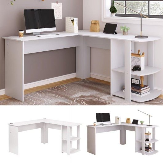 Scrivania angolare bianca N616P 140x140 cm MDF con 2 ripiani