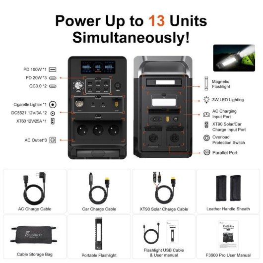 Estación de energía Fossibot F3600 Pro 3840Wh 9 puertos AC, DC y USB Batería LiFePO4 Carga rápida
