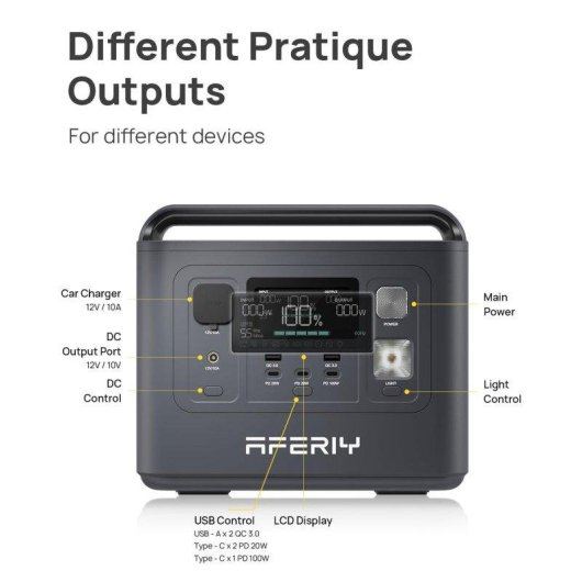 Station d’énergie AFERIY P010 512Wh 1 port AC 3 ports USB Batterie LiFePO4 Mode Eco LED