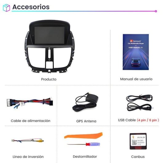 Autoradio JUNSUN para Peugeot 207 Android 15 2GB 64GB CarPlay GPS Bluetooth