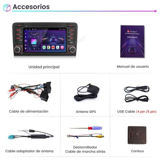 Autoradio JUNSUN 2+64gb Android 15 GPS CarPlay Wifi DAB USB Audi A3 8P