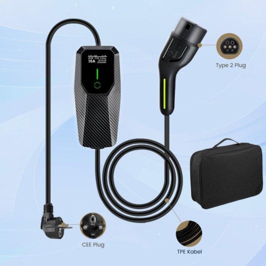 Ladegeraet EV Tragbar Typ 2 JUNSUN 3,5 kW 16A 4m Kabel IP67