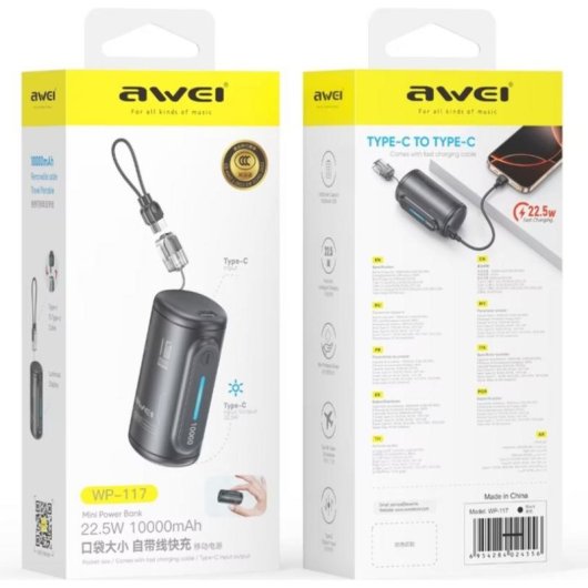 Powerbank Awei WP-117 10000 mAh 22,5 W USB-C Nero