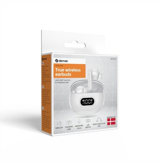 Denver TWE-357 Bluetooth 5.3 kabellose Kopfhörer mit Weißrauschunterdrückung Weiß