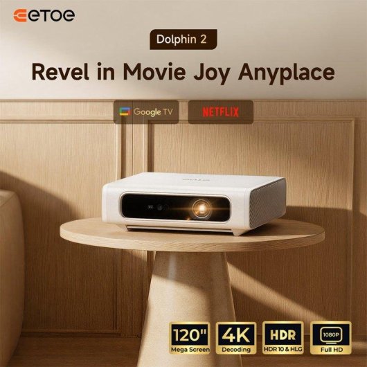 Proyector ETOE Dolphin 2 FullHD 800 Lúmenes 120" Láser DLP Google TV Portátil