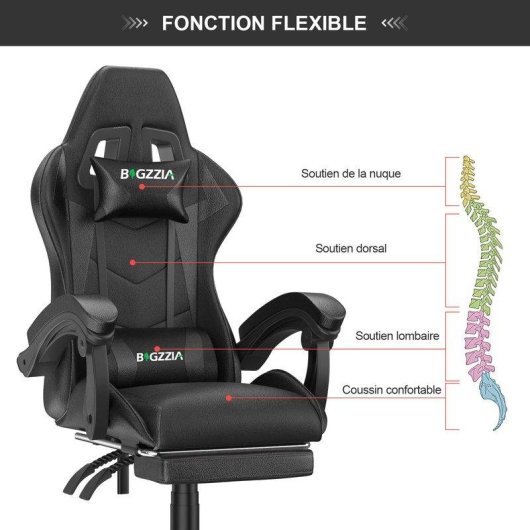 Silla Gaming Naspaluro Ergonómica con Reposapiés y Cojín Lumbar Negra