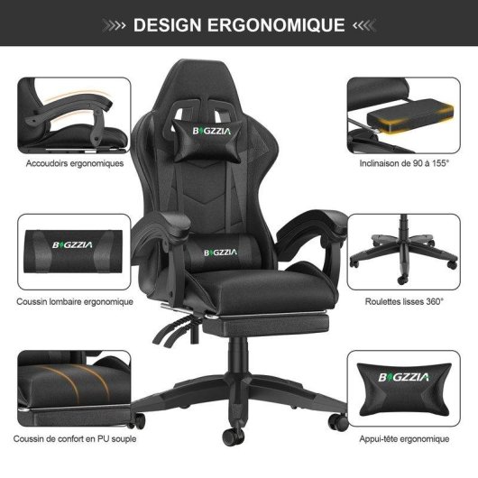 Silla Gaming Naspaluro Ergonómica con Reposapiés y Cojín Lumbar Negra