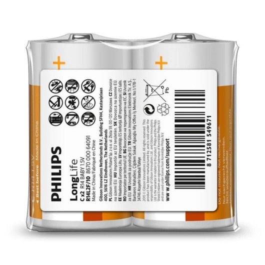 Piles Philips LongLife R14 2 Unites 1,5 V