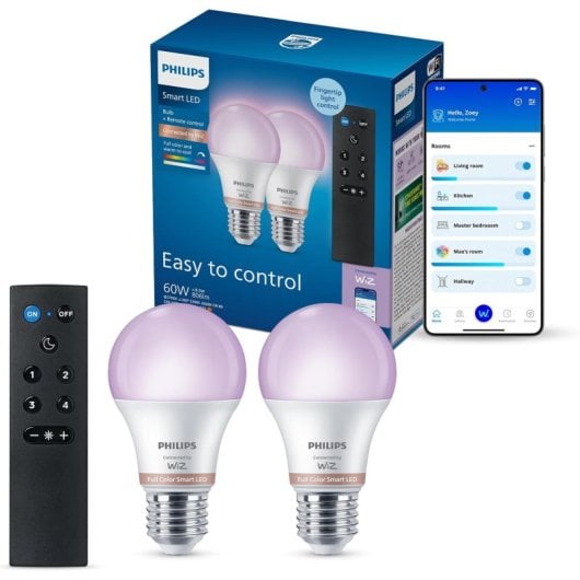 Bombilla Philips LED Inteligente RGB A60 E27 con Mando a Distancia Pack 2 Unidades