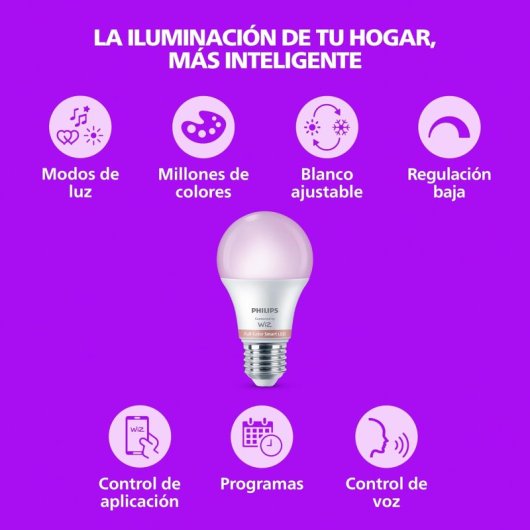 Bombilla Philips LED Inteligente RGB A60 E27 con Mando a Distancia Pack 2 Unidades