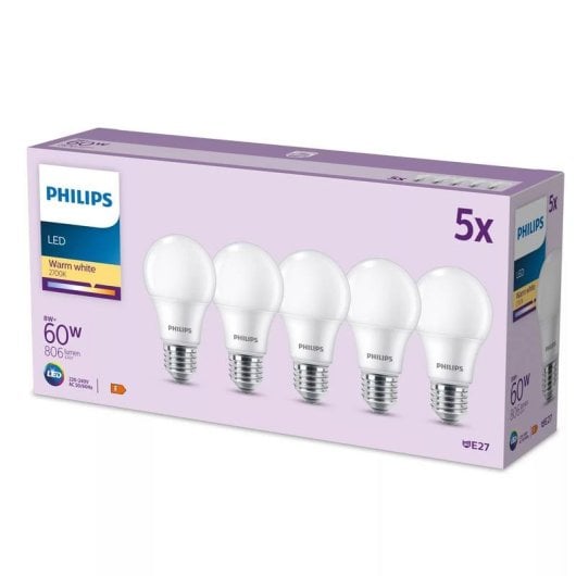Ampoule LED Philips A60 E27 8W Pack 5