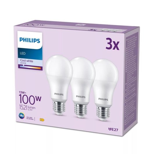 Lâmpada LED Philips 13W E27 Branco Frio Pack 3