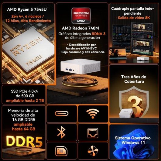 Mini PC GEEKOM A7 AMD Ryzen 5 7545U 16GB 500GB SSD Radeon 740M Windows 11 Pro