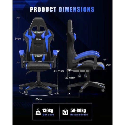 Sedia Gaming LED RGB Naspaluro Blu Reposo Testa e Lombare
