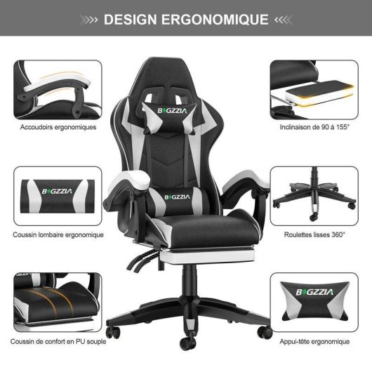 Silla gaming Naspaluro con reposapiés retráctil, cojín lumbar y altura regulable