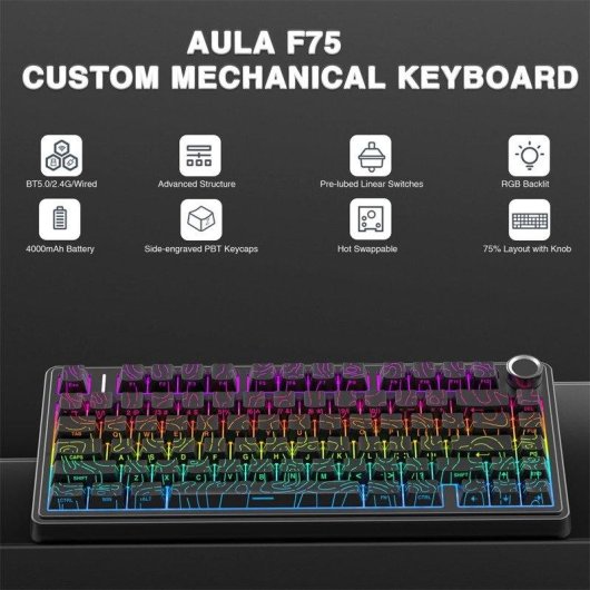 Clavier Aula F75 Gaming Tri-mode 4000mAh Hot-swappable RGB Noir