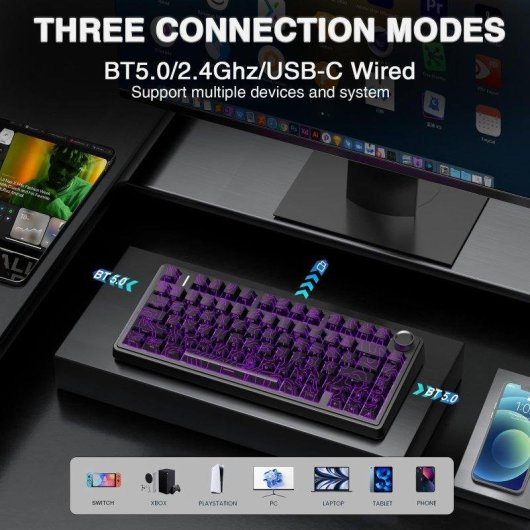 Clavier Aula F75 Gaming Tri-mode 4000mAh Hot-swappable RGB Noir