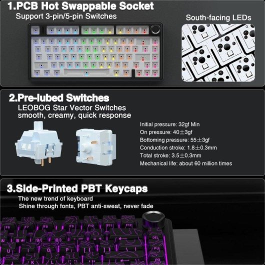 Clavier Aula F75 Gaming Tri-mode 4000mAh Hot-swappable RGB Noir
