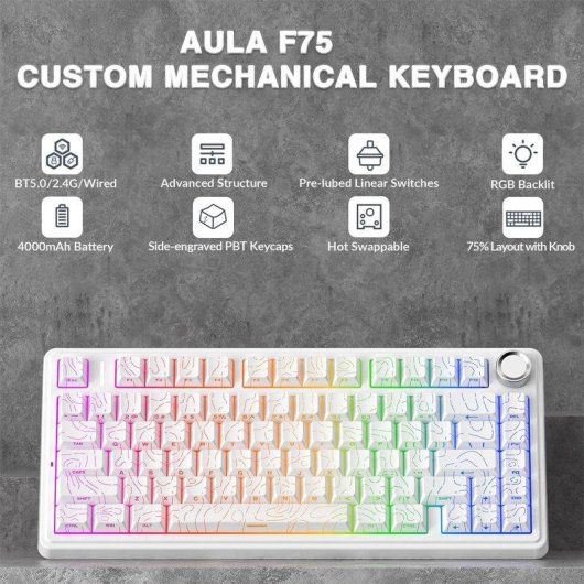 Clavier Aula F75 Gaming Tri-mode 4000mAh Hot-swappable RGB PBT compact