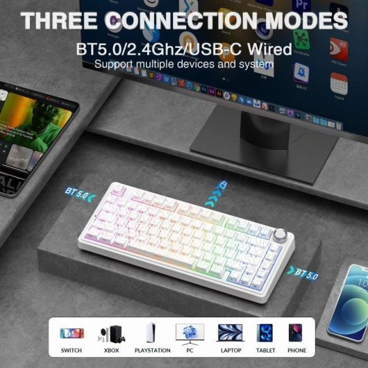 Clavier Aula F75 Gaming Tri-mode 4000mAh Hot-swappable RGB PBT compact