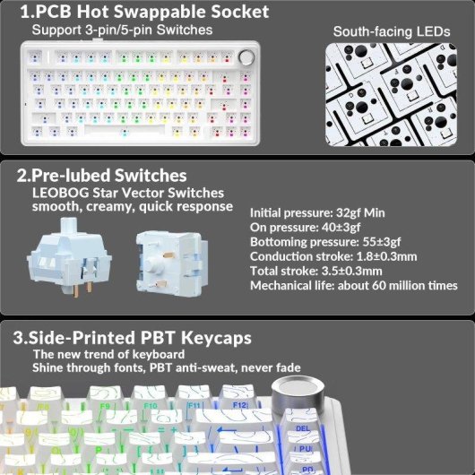 Clavier Aula F75 Gaming Tri-mode 4000mAh Hot-swappable RGB PBT compact