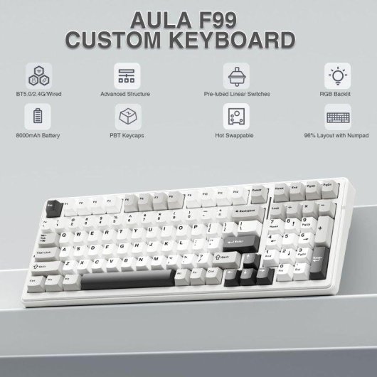 Teclado Aula F99 mecânico sem fios tri-modo Hot-swappable RGB 8000mAh