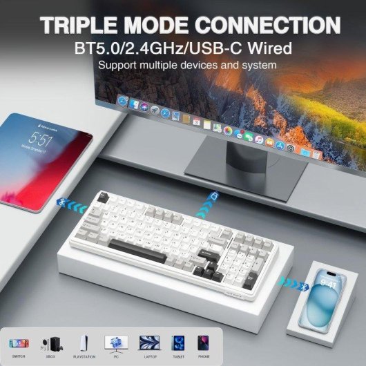 Teclado Aula F99 mecânico sem fios tri-modo Hot-swappable RGB 8000mAh