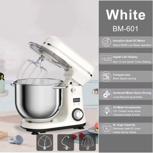 Batidora de pie Autrucker 6L 1200W DC silenciosa con temporizador y accesorios