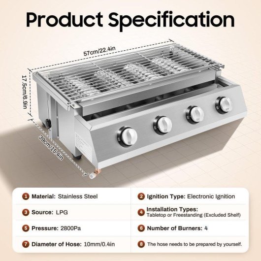 Parrilla Autrucker GB-04A 4 Quemadores Altura Ajustable Sin Humo