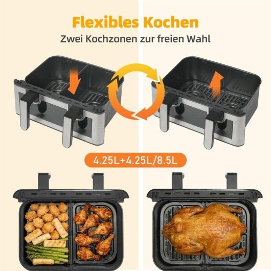 Freidora de Aire Autrucker Doble Cesta 8,5L 2000W Pantalla Táctil LED